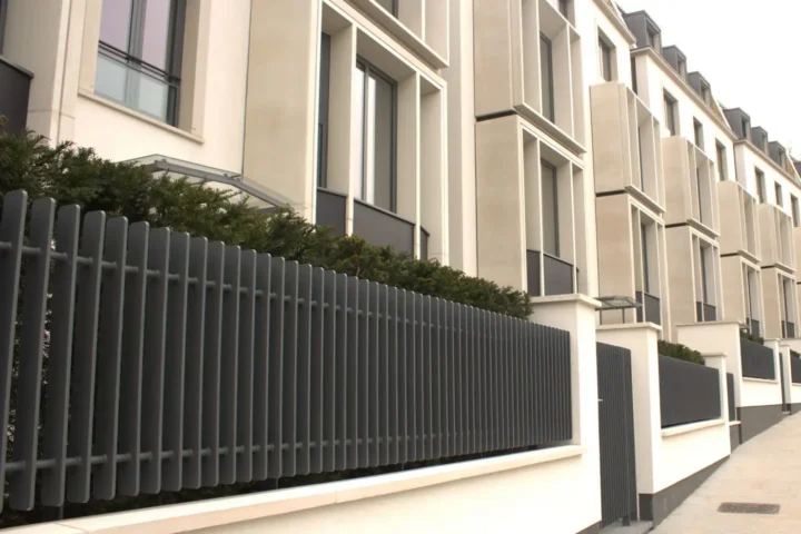 Modern townhomes with stone window frames and slatted fencing